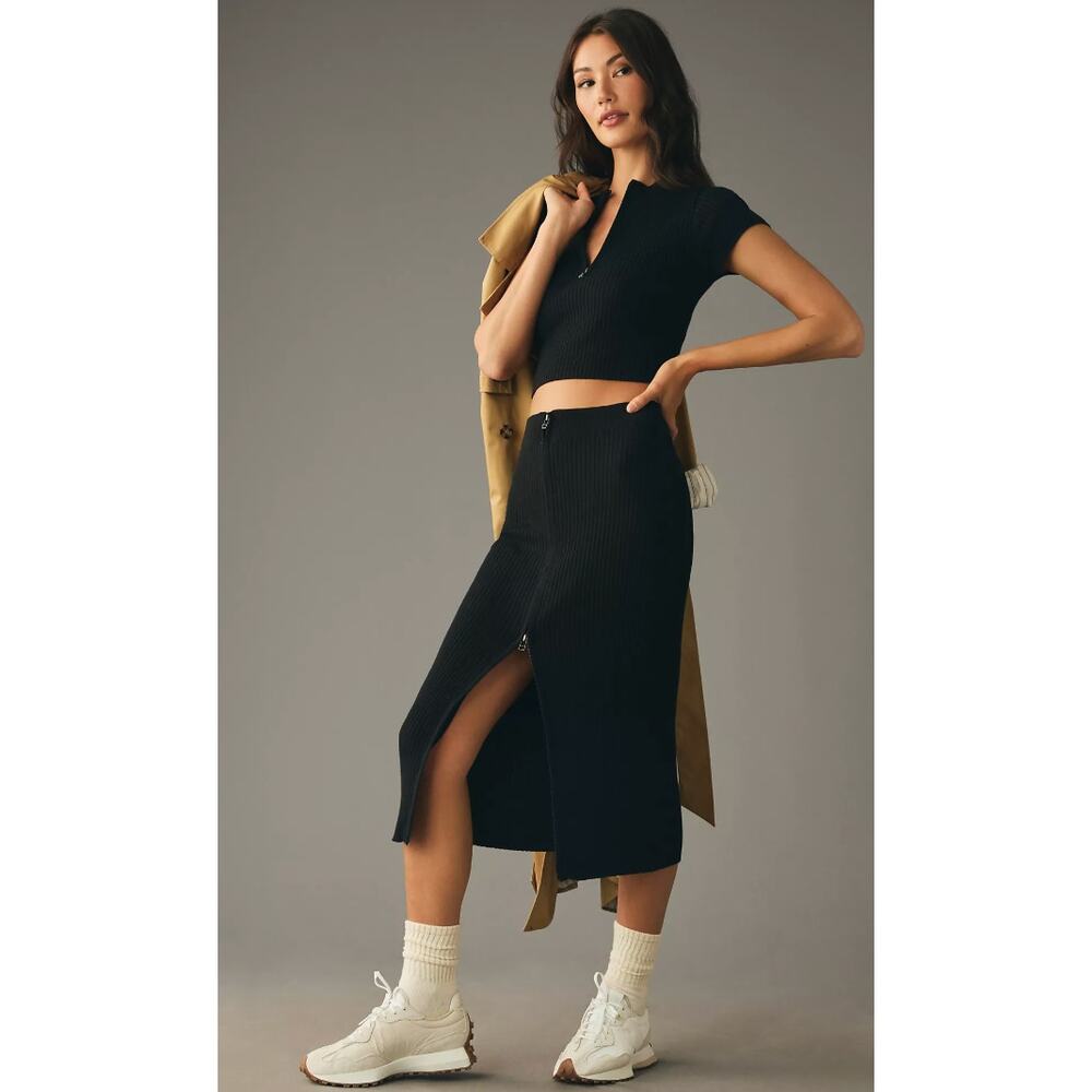 SET Daily Practice Anthropologie Half-Zip Knit T-Shirt AND Ribbed Front Skirt